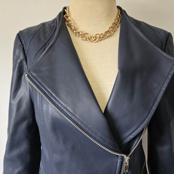 WILLI SMITH Navy Faux Leather Fitted Moto Jacket. Size Small - Picture 5 of 16